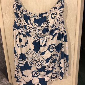 Strapless White & Blue Floral Blouse